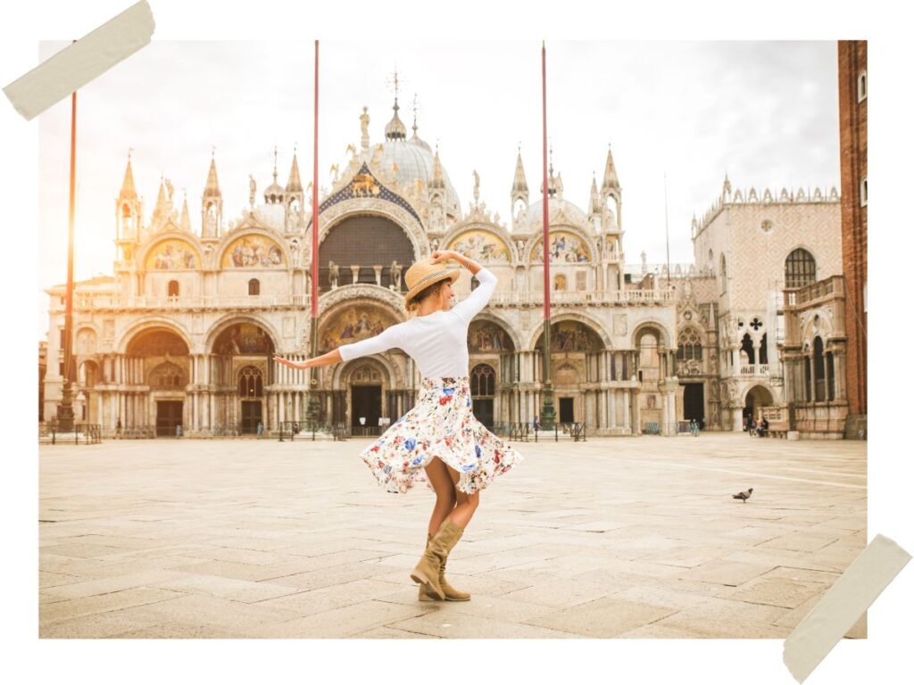 Dancing in front of architectural buildings in Italy