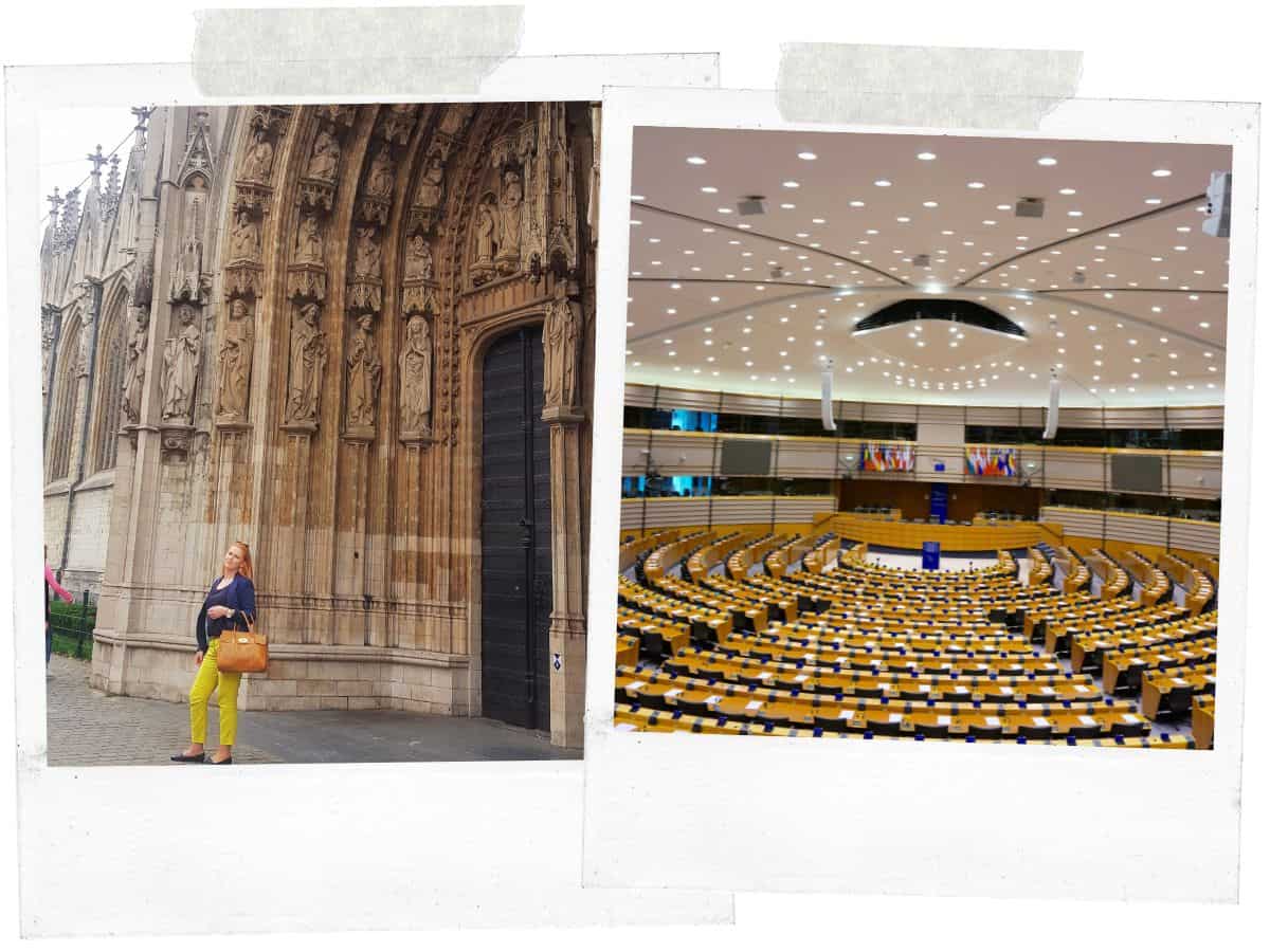 taking pictures in front of Cathedral in Brussels