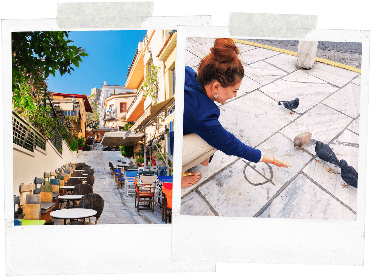 Feeding doves in Athens while exploring the streets, Greece