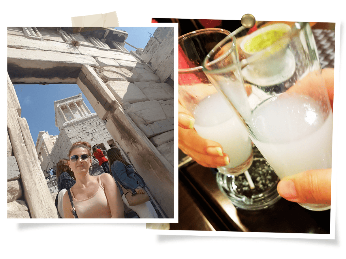 Trying ouzo, the local drink in Athens, Greece