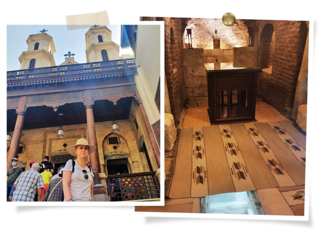 The hanging church, the Saint Virgin Mary’s Coptic Orthodox Church inside and out on the entrance stairs, Cairo Egypt