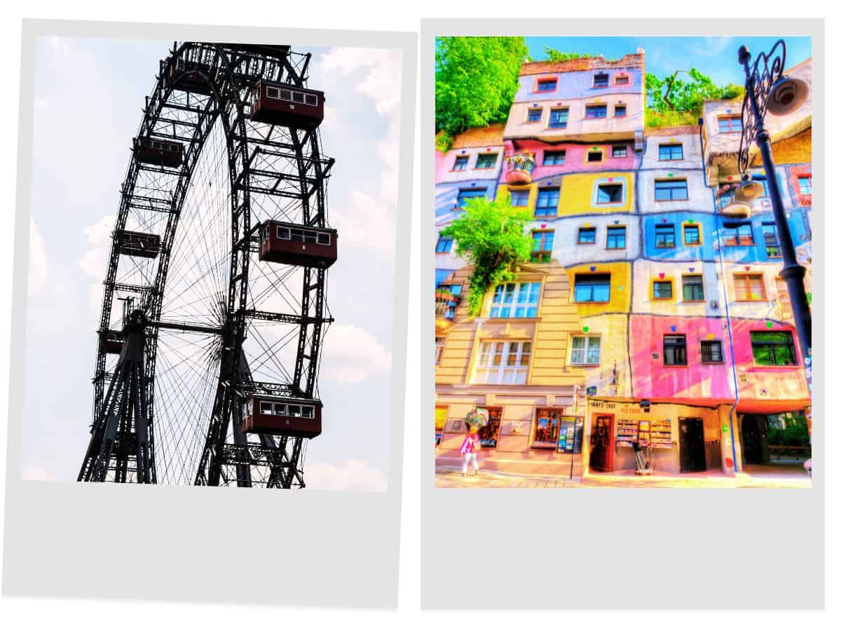 Amazing ride at Prater on The Giant Ferris Wheel and colorful homes of Hundertwasserhaus