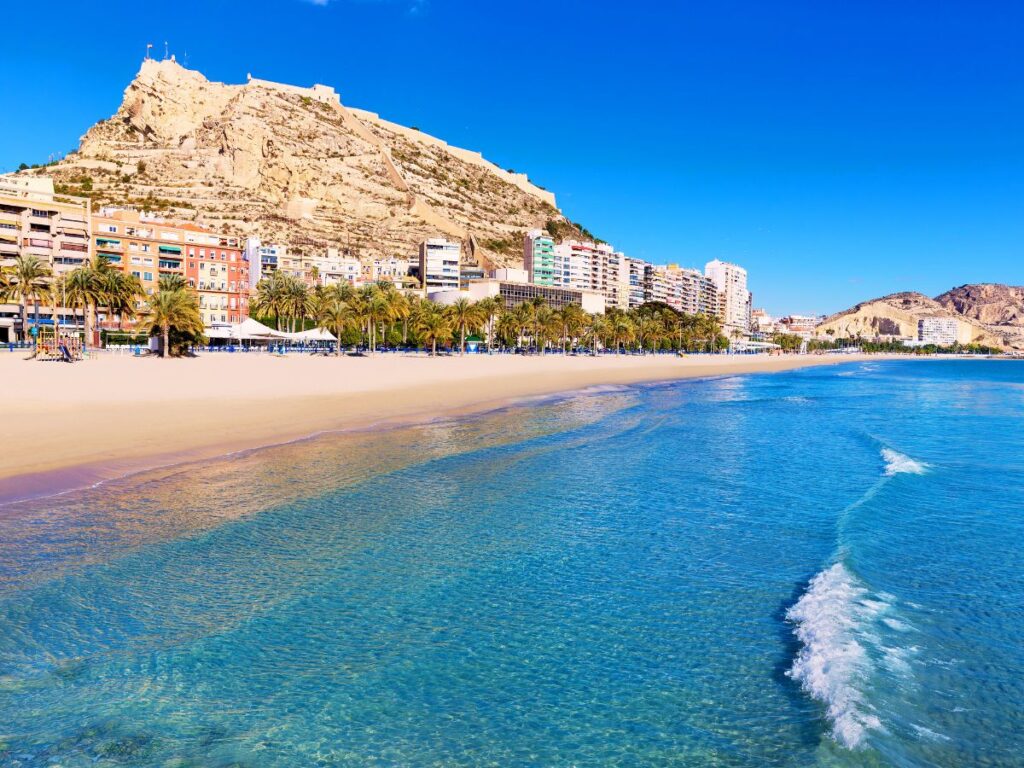 Alicante beach, sand and sea, view from the water