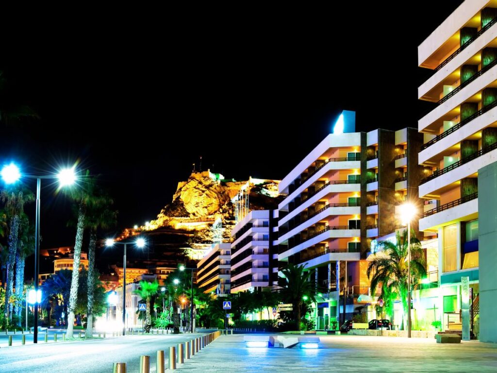 Alicante town and streets lit-up by night, Spain