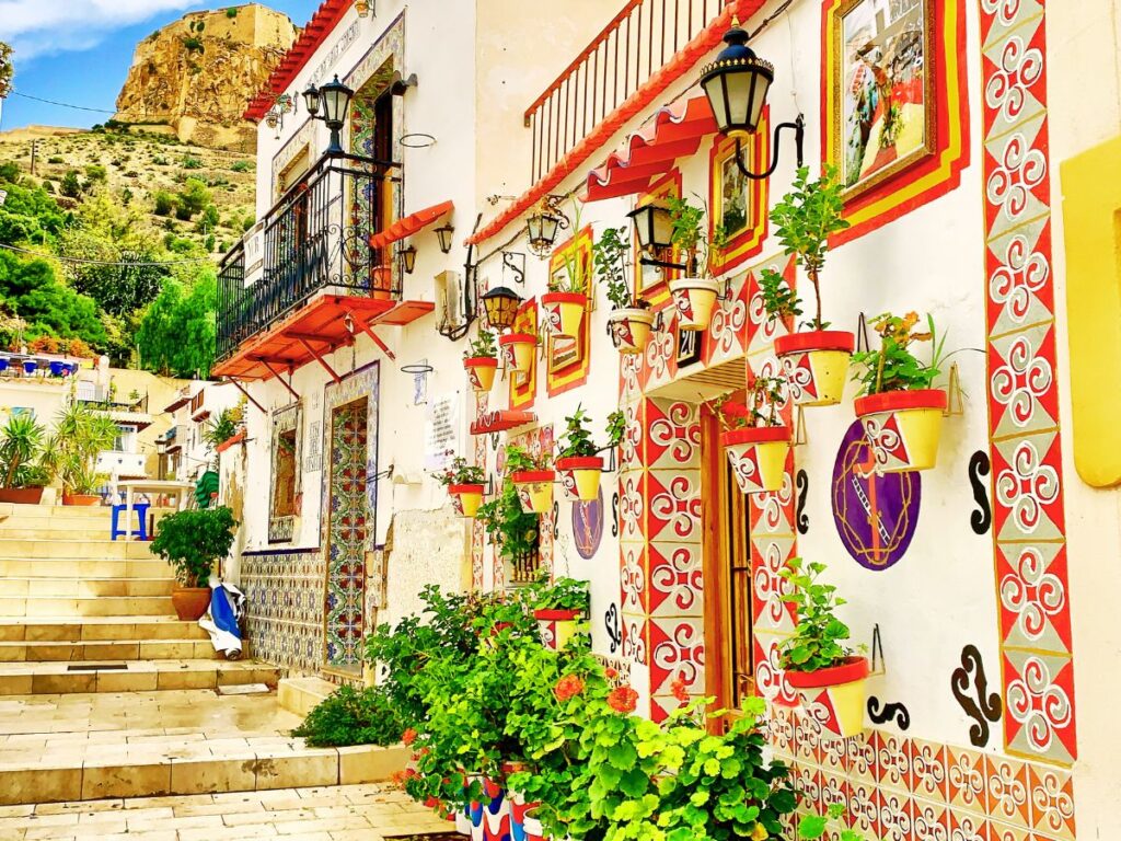 Alicante town, streets and stairs through the colorful houses, Spain