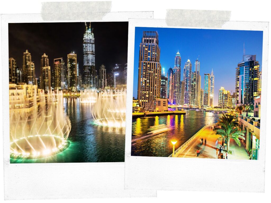 Free Activities to Do in Dubai at Night, Dubai Marina walk and Dubai Fountains