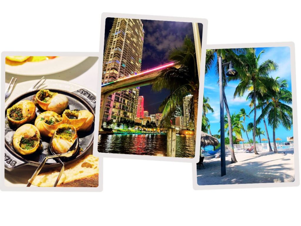 eating shellfish, waling along the river in the night and at the beach on day time in Miami in December