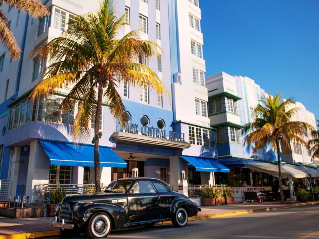 taking pictures in front of Park Central hotel in Miami in December