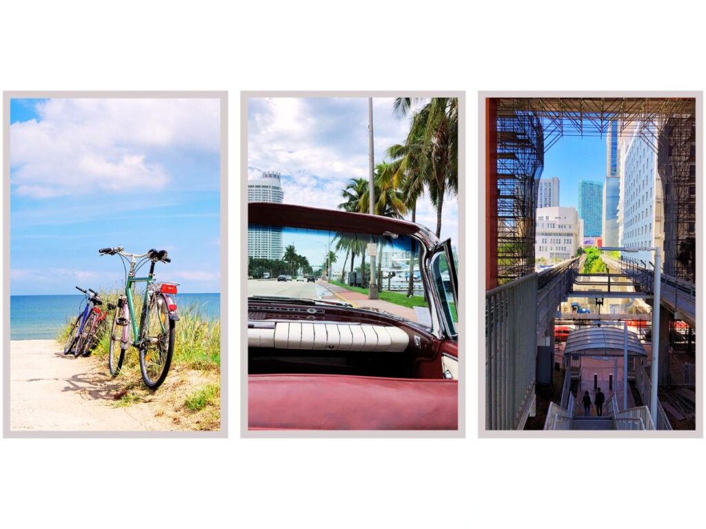 bicycle, car and metromover in Miami
