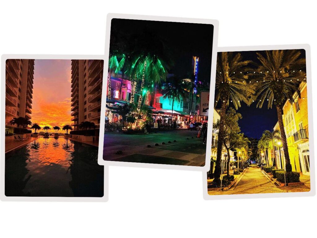 different locations in Miami at night