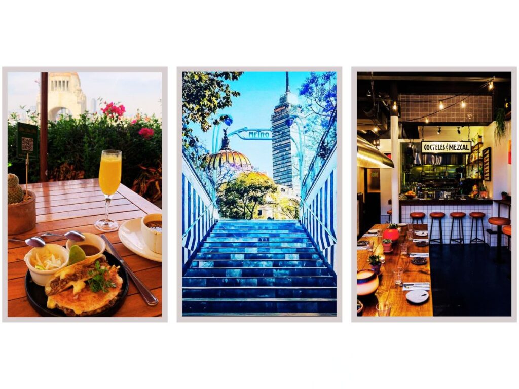 Brunch with view near The Revolution Monument, going out from metro station in Mexico City, Local restaurant with Traditional Mexican cuisine