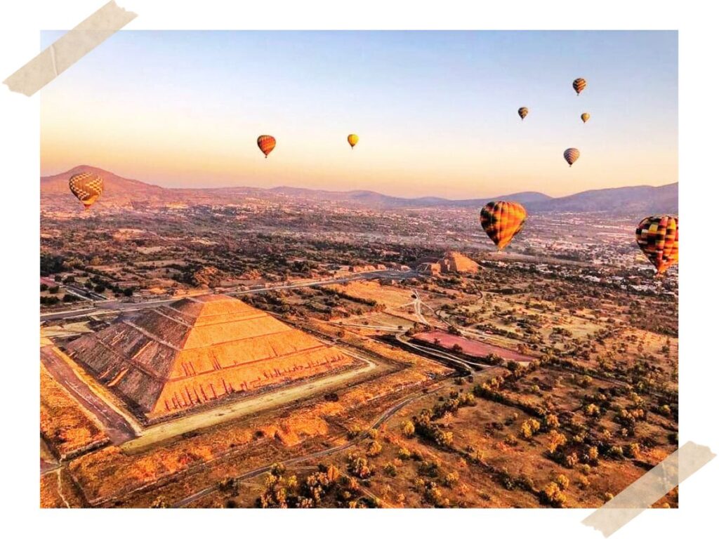aerial view of Teotihuacan from hot air balloon
