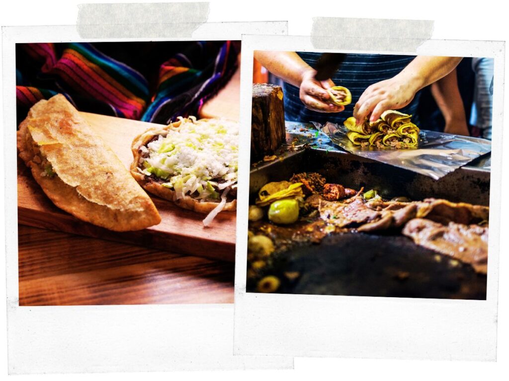 Mexico City street iconic cuisine: tacos, enchiladas, quesadillas prepared by locals