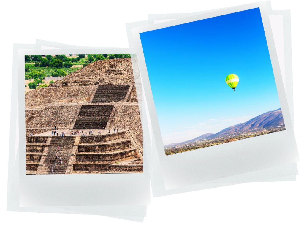 Aerial view of Teotihuacan Pyramid of Sun and Hot Air Balloon