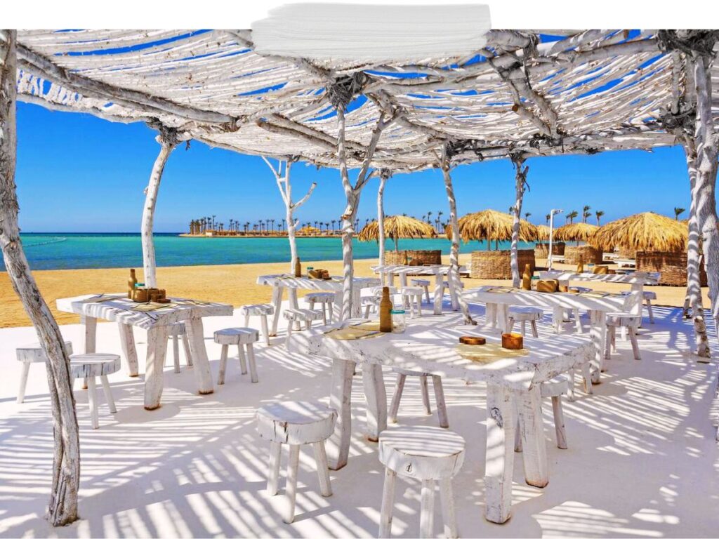 Greek restaurant on the beach at Meraki Resort, Hurghada, Egypt
