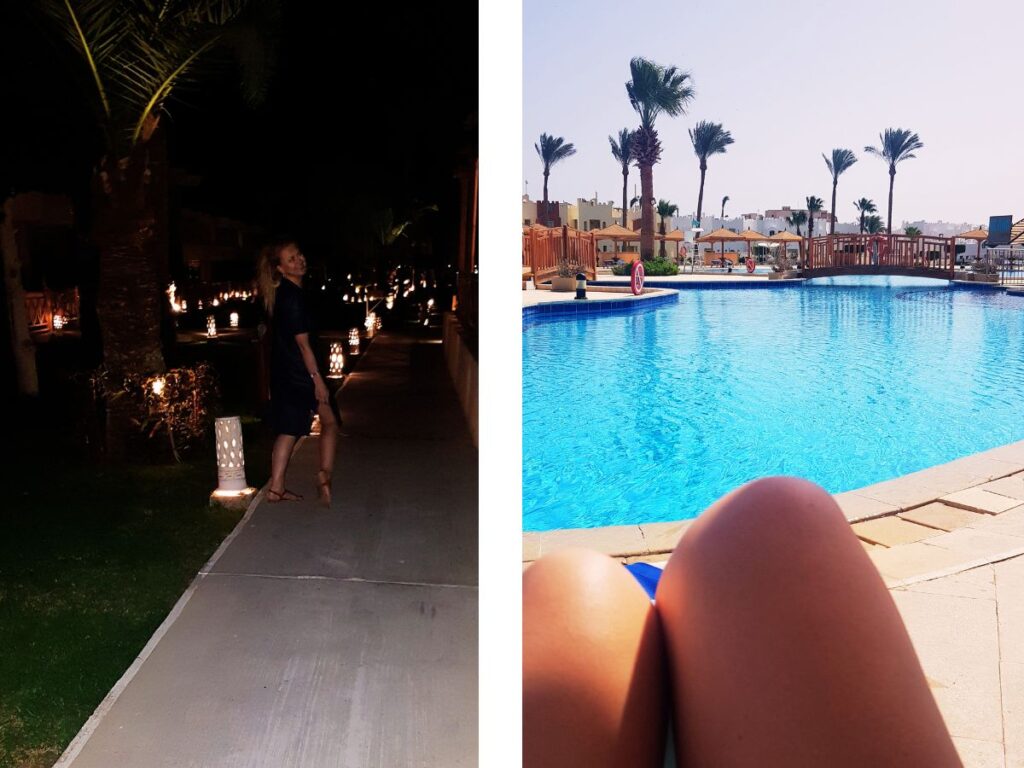 Night walking in the resort and day time at the pool, Sunrise resort Makadi Bay, Hurghada