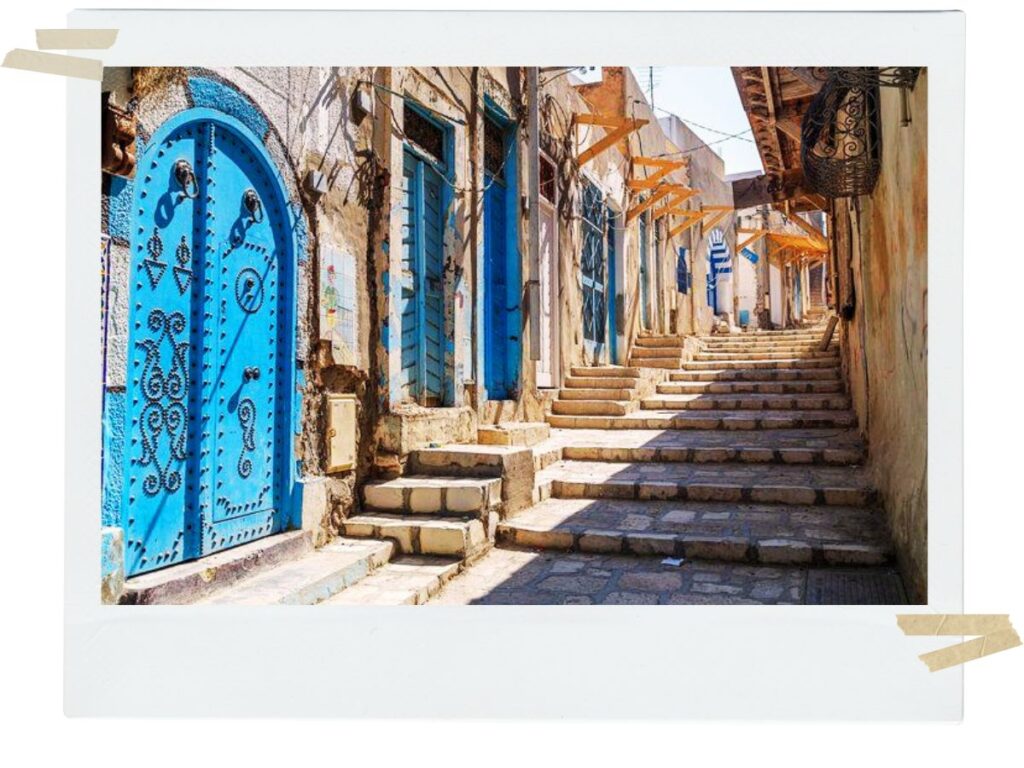 Colbstone street and tunisian buildings in Medina Sousse, Tunisia