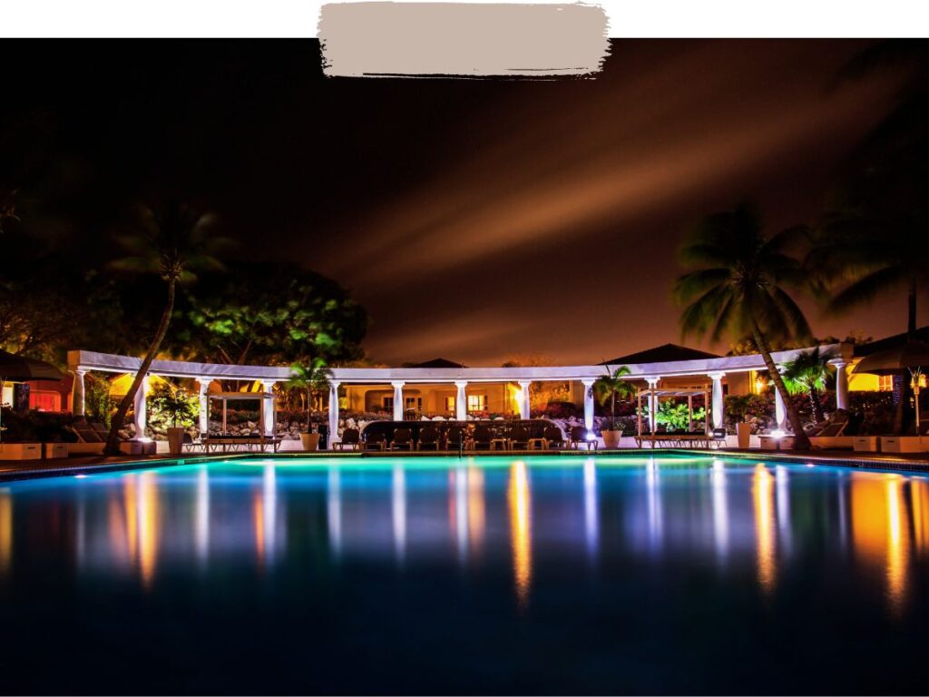 Resort swimming pool at night, Tunisia